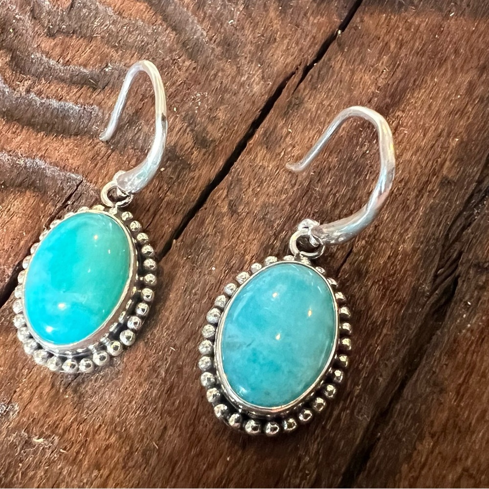 NWT Bali Blue Green Amazonite Earrings Sterling Silver Hooks Gem Natural Stone